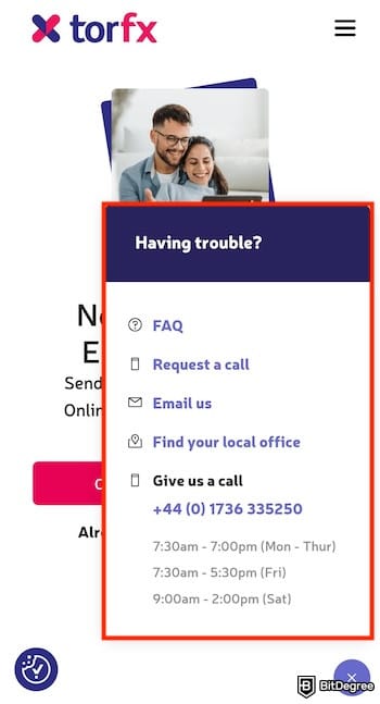 TorFX review: support channels shown on the TorFX question box.