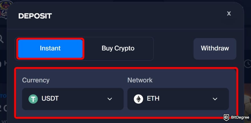 Toshi.bet review: choose [Instant] deposit and pick your coin and network.