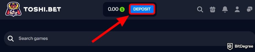 Toshi.bet promo code: click the [Deposit] button.