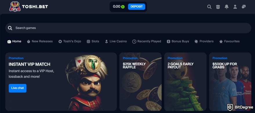 Toshi.bet review: the platform's landing page, showing various promotions. Toshi.bet review: the platform's landing page, showing various promotions.