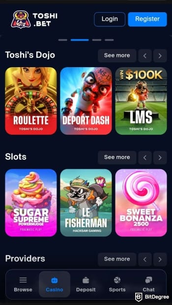 Toshi.bet review: mobile interface of the online casino. Toshi.bet review: mobile interface of the online casino.