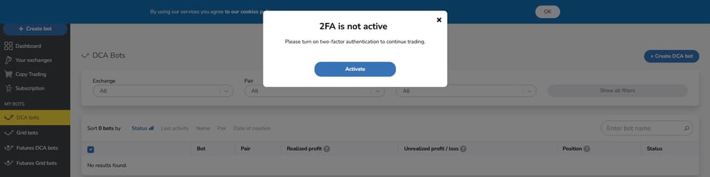 TradeSanta review: 2FA requirement on TradeSanta.