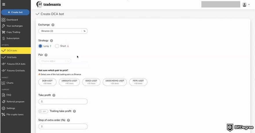 TradeSanta review: adjusting the settings on the DCA bot.
