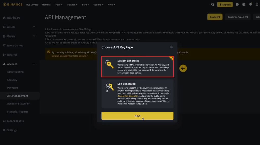 TradeSanta review: choosing the API key type.