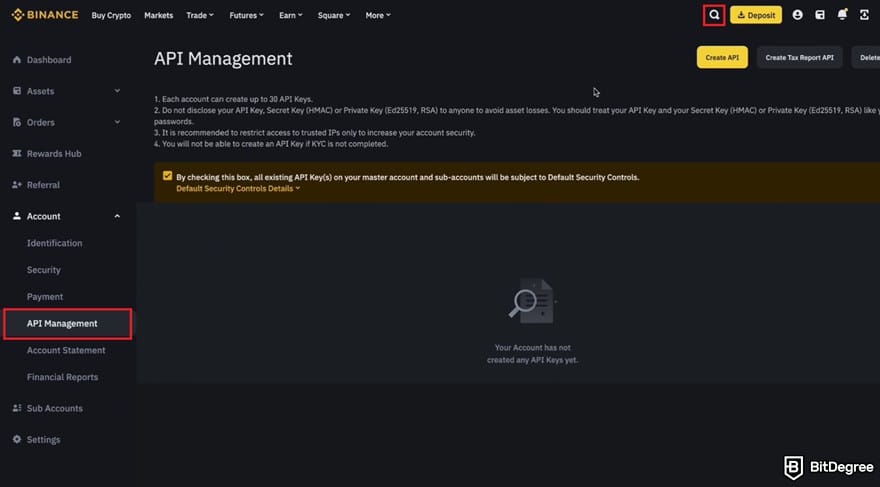 TradeSanta review: the Binance API Management page.