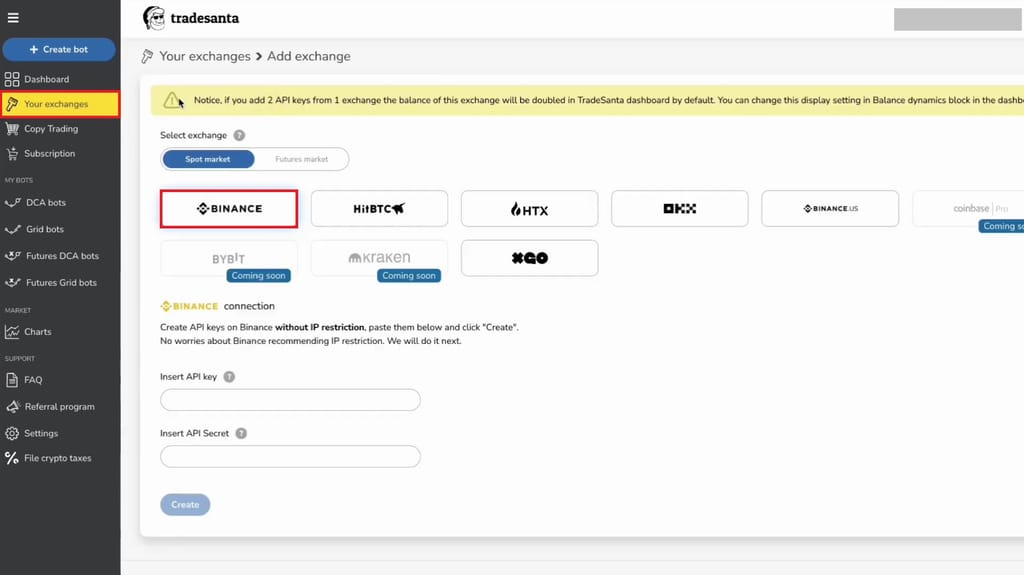 TradeSanta review: choosing Binance on TradeSanta.
