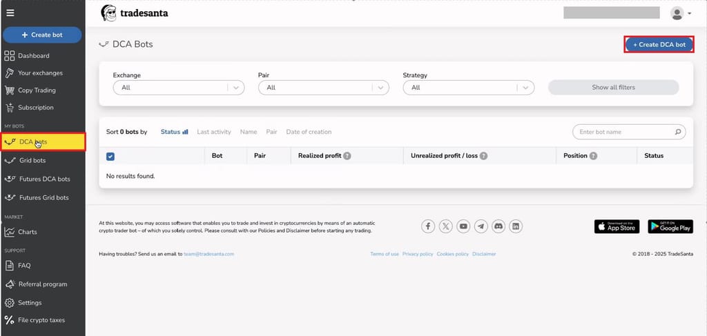 TradeSanta review: creating a DCA bot on TradeSanta.