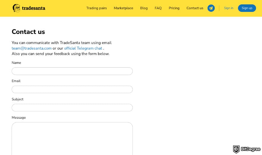 TradeSanta review: the contact form on the TradeSanta website.