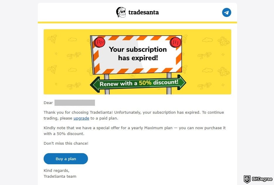 TradeSanta review: email notification informing a user that their TradeSanta free trial has expired.