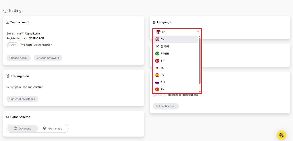 TradeSanta review: language settings.