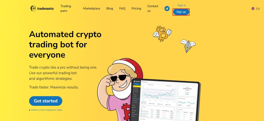 TradeSanta review: signing up via the homepage.