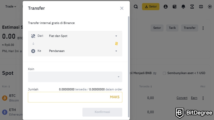 Trading Binance Options: transfer dana dari fiat dan dompet spot.