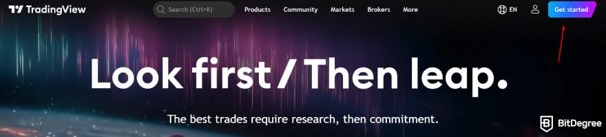 TradingView promo code: a red arrow pointing to [Get started] button.