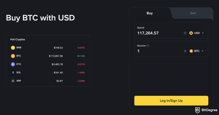 Transak review: Binance buy page.
