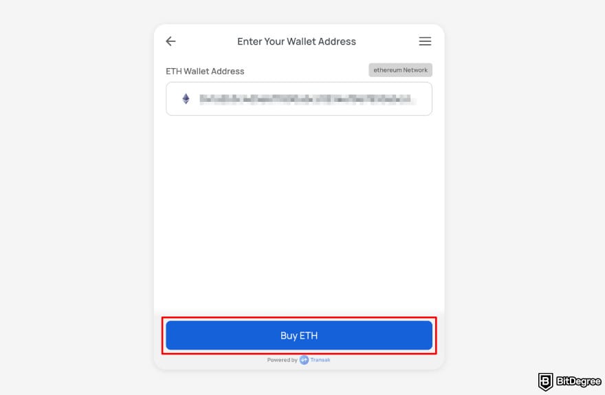 Transak review: Transak buy crypto process enter wallet address.