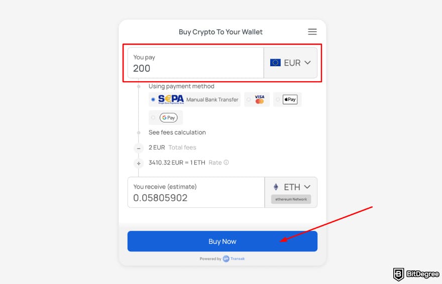 Transak review: Transak buy crypto process.