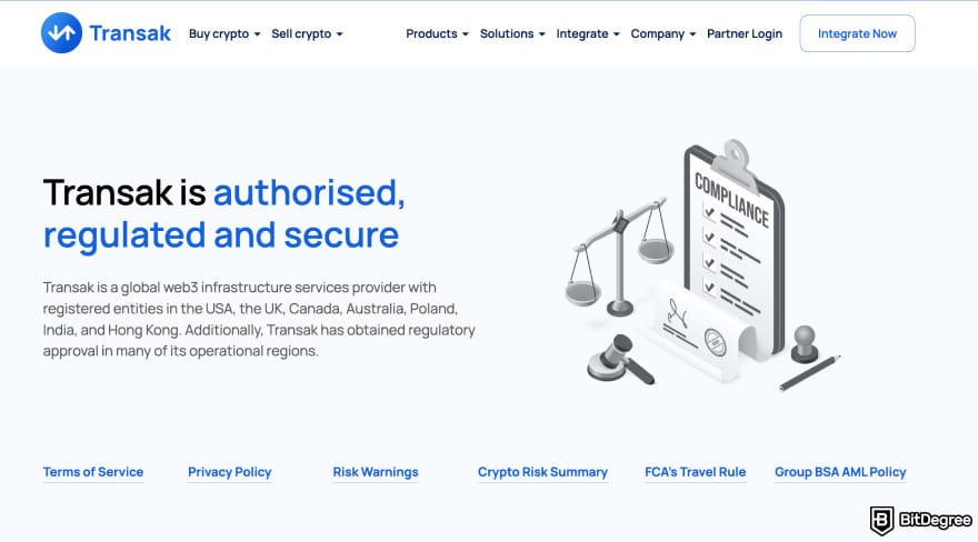 Transak review: Transak compliance page.