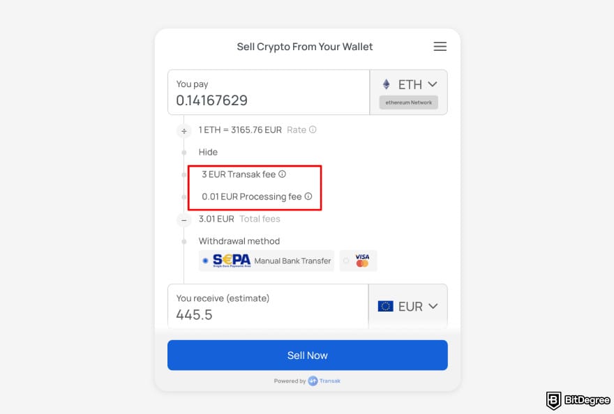 Transak review: Transak fees details.