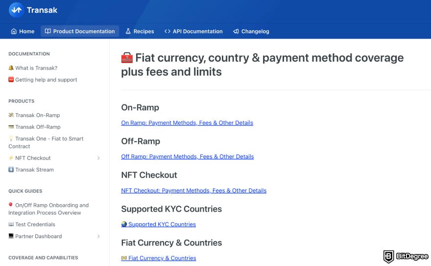 Transak review: Transak fees documentation page.