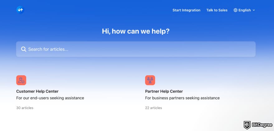 Transak review: Transak Help Center page.