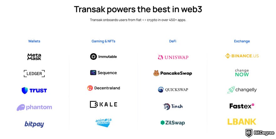 Transak review: Transak homepage Web3 section.