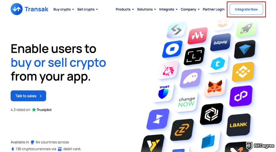 Transak review: Transak [Integrate Now] button.