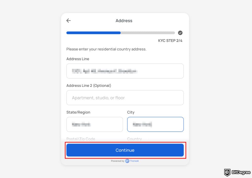 Transak review: Transak KYC address.