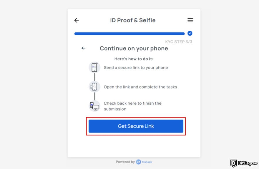 Transak review: Transak KYC get secure link.