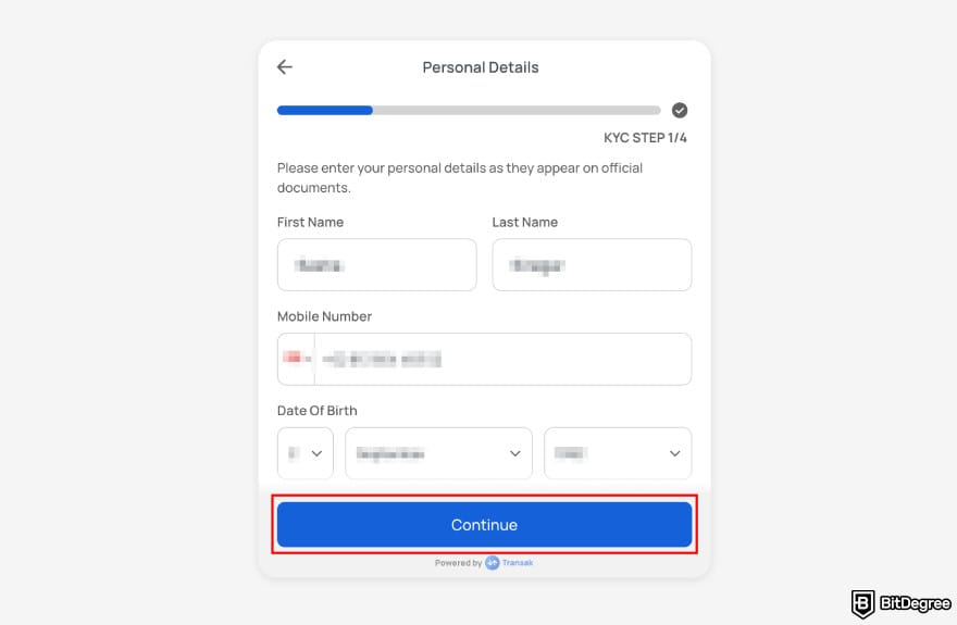 Transak review: Transak KYC personal details.