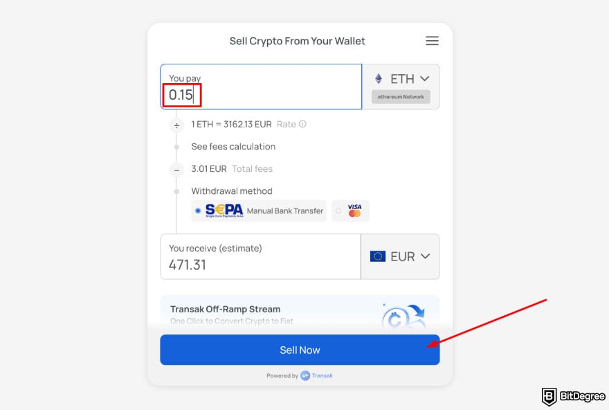 Transak review: Transak sell crypto [Sell Now] button.