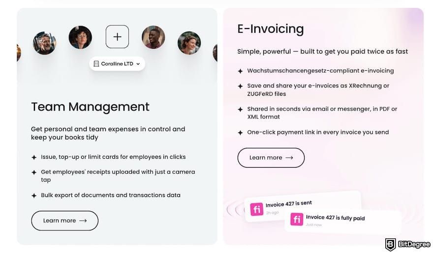 TransferGo alternative: the Finom features related to team management and e-invoicing.