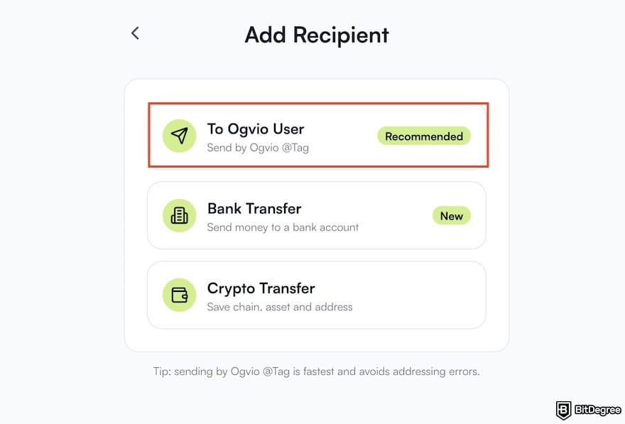 TransferGo alternative: the [To Ogvio User] option on Ogvio outlined.