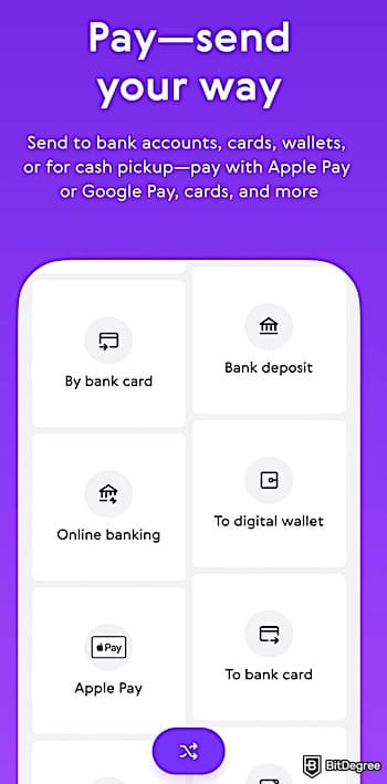 TransferGo alternative: Paysend's payment methods shown on a mobile phone.