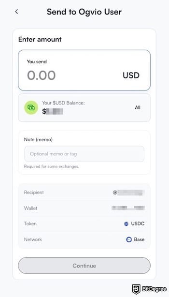 TransferGo alternative: a field to enter the amount of money sent to a Ogvio user and the transaction preview.