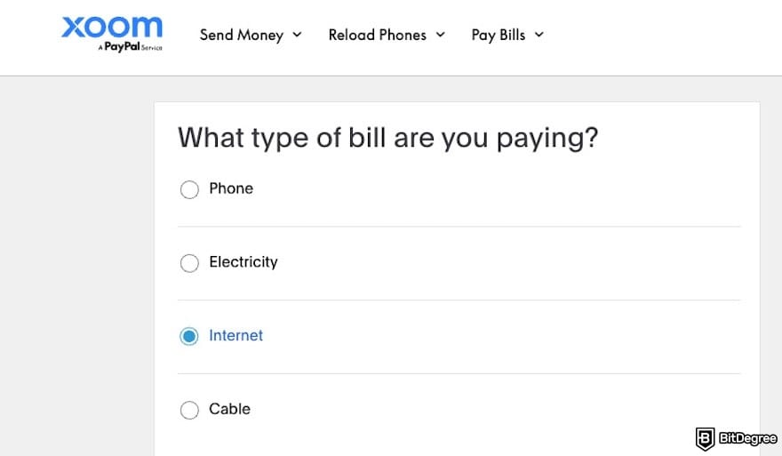 TransferGo alternative: types of bills you can pay with Xoom.