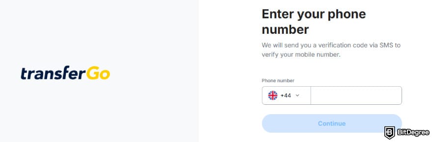 TransferGo review: phone number submission to create a TransferGo account.