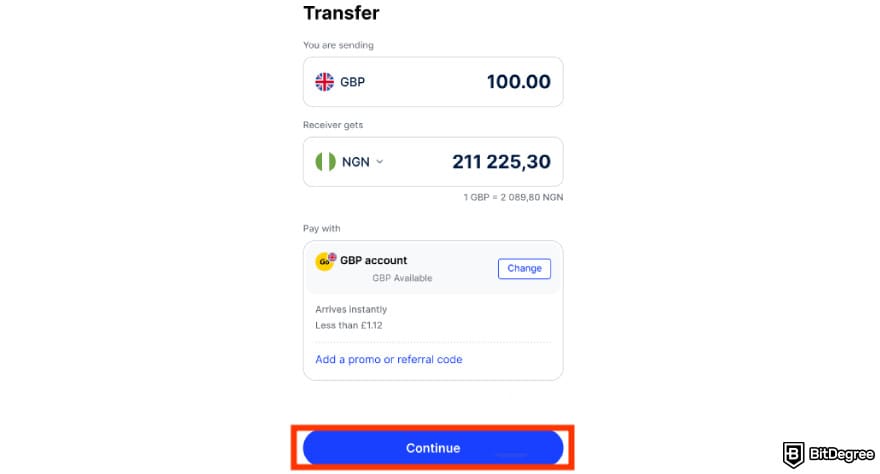 TransferGo review: selected transfer details with [Continue] button highlighted.