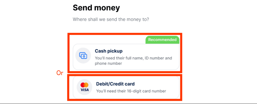 TransferGo review: sending method options on the TransferGo app.