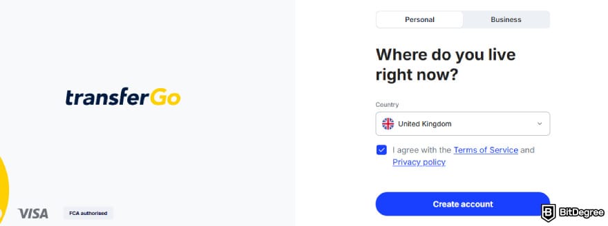TransferGo review: TransferGo account creation page.