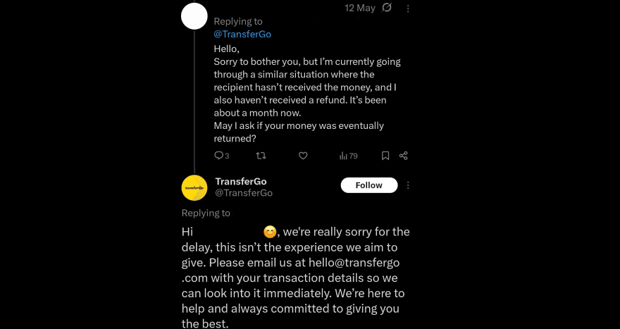 TransferGo review: TransferGo customer support response on X.