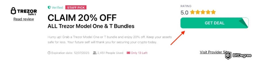Trezor black friday: a red arrow pointing to the [GET DEAL] button on BitDegree's page.