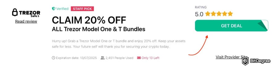 Trezor cyber monday: a red arrow pointing to the [GET DEAL] button on BitDegree's page.
