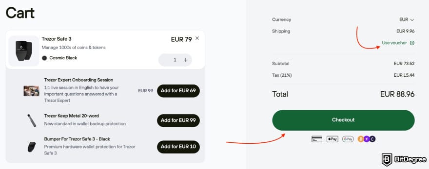 Trezor cyber monday: a red arrow pointing to [Use voucher] button on Trezor's checkout page.