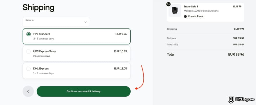 Trezor cyber monday: a red arrow pointing to [Continue to contact & delivery] button on Trezor's checkout page.