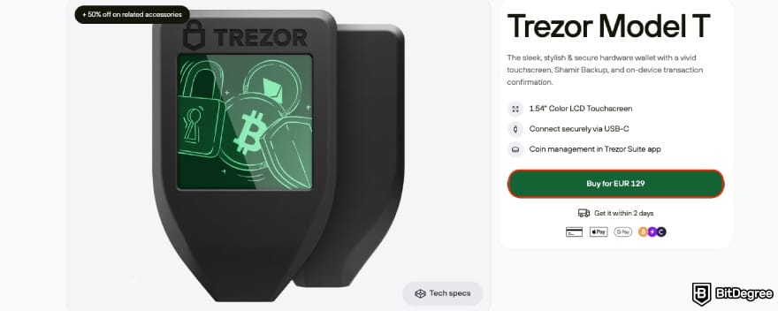 Trezor Model T discount code: Trezor Model T buy page with red outline around the purchase button. Trezor Model T discount code: Trezor Model T buy page with red outline around the purchase button.