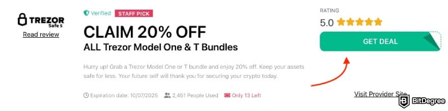 Trezpr promo codes: a red arrow pointing to the [GET DEAL] button on BitDegree's page.
