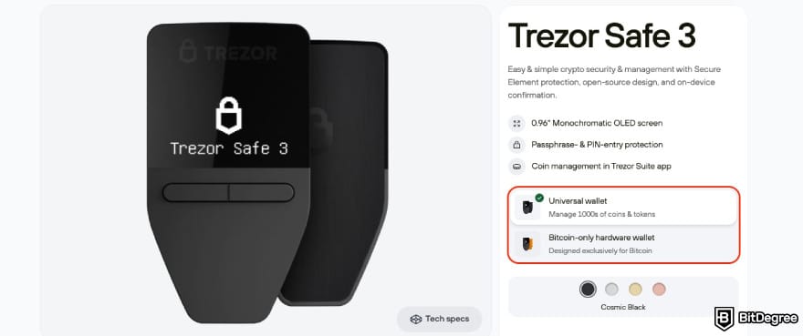 Trezor promo codes: a red outline around Trezor Safe 3's wallet types.