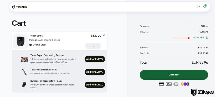 Trezor promo codes: a red arrow pointing to the [Use voucher] field.