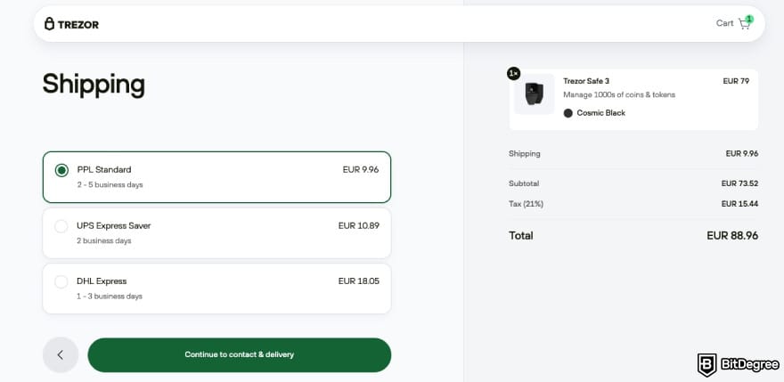 Trezor promo codes: Trezor's shipping page.