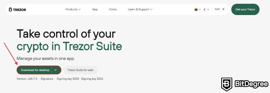 Trezor Safe 3 review: a red arrow pointing to download for desktop button.